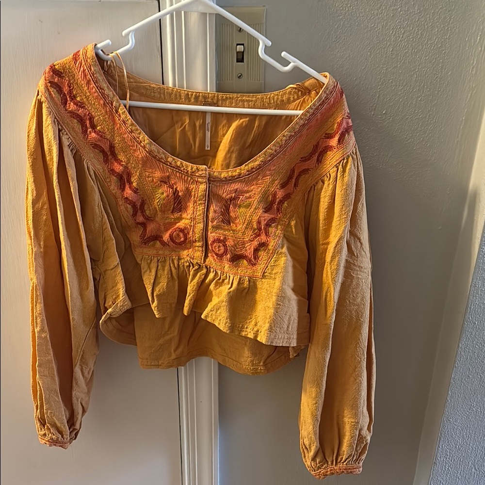 Free People Gold Ruffled Crop Blouse Long Sleeve